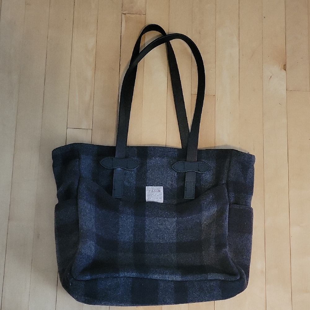 Filson Black and Gray Mackinaw Checkered Plaid Wool Tote With Leather Handles